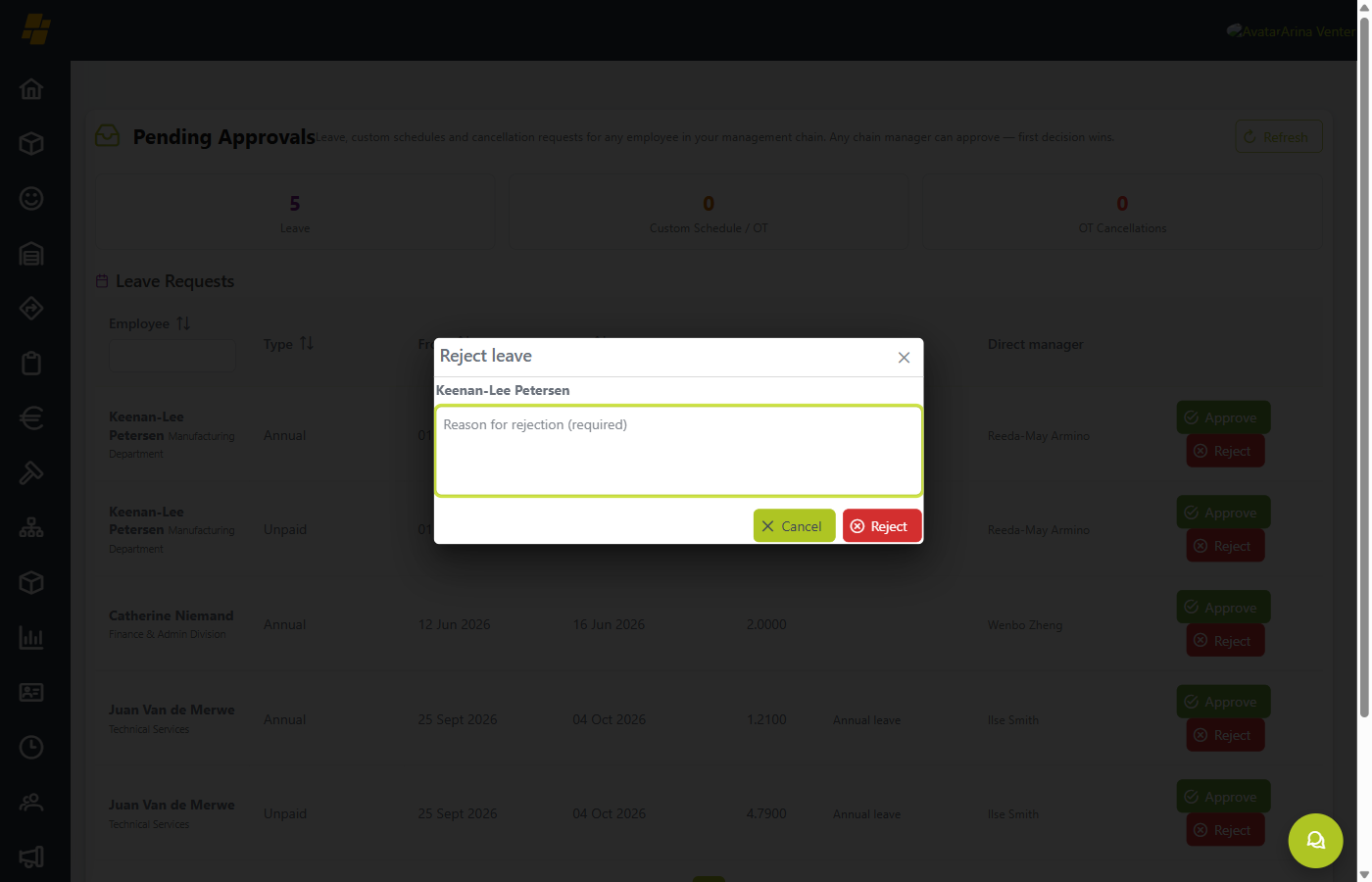 Reject leave dialog — reason required