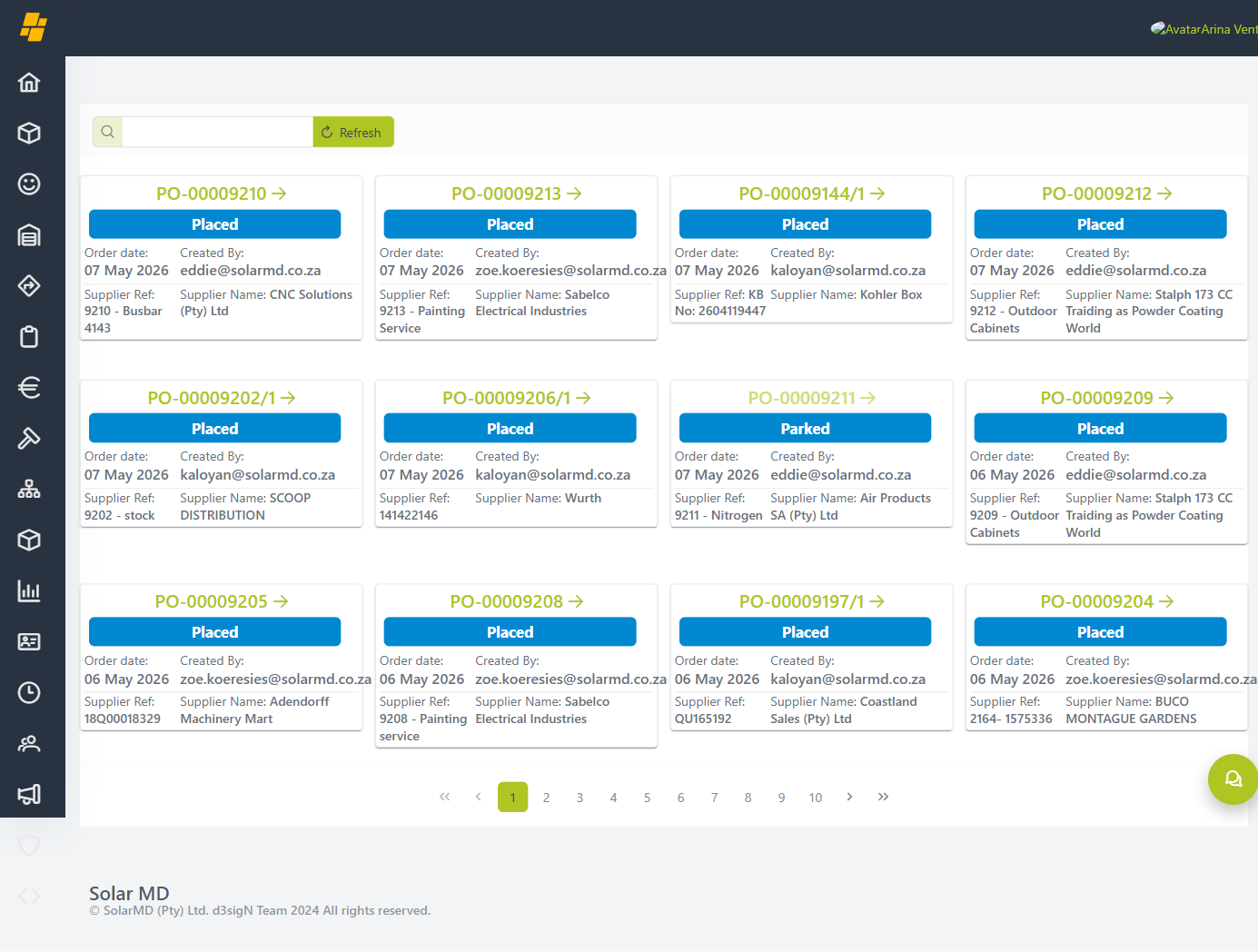 Purchase Orders list page