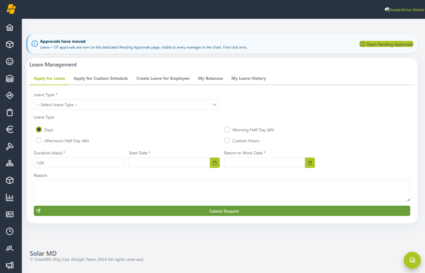 Apply for Leave tab â€” empty form