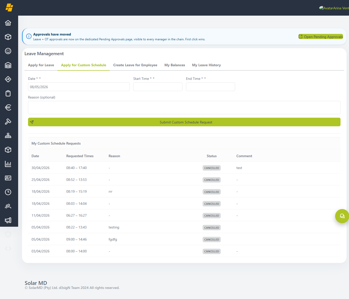 Apply for Custom Schedule tab