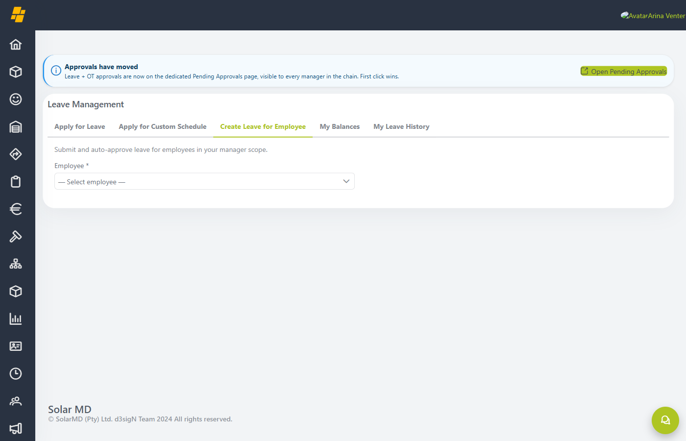 Create Leave for Employee tab